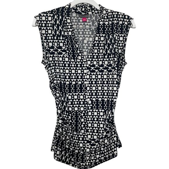 Vince Camuto Geo Pattern Sleeveless Side Ruched Blouse Top Black/White Women's S - Picture 1 of 12